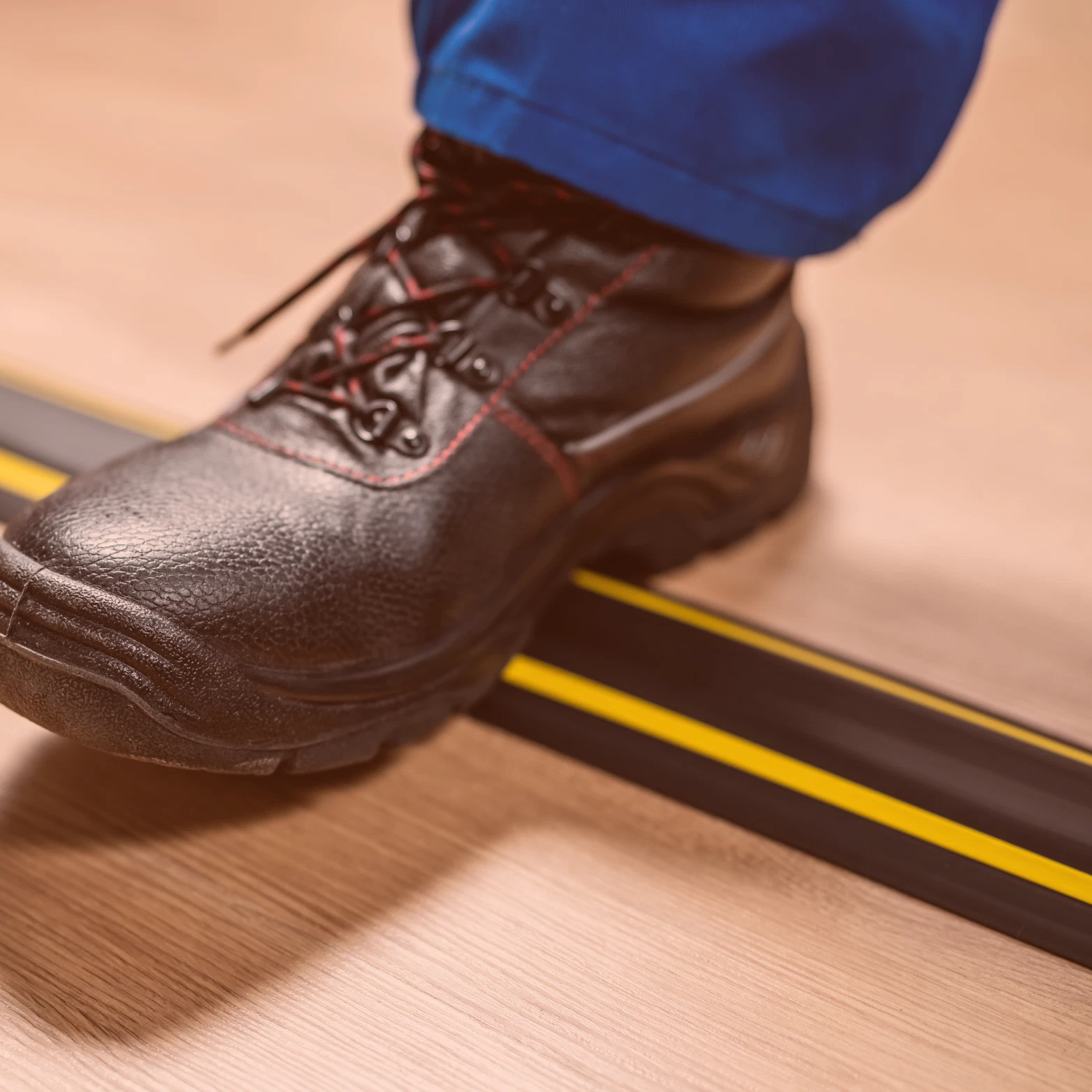 A black safety boot with red laces steps over a black and yellow striped floor protector on a light wooden floor.