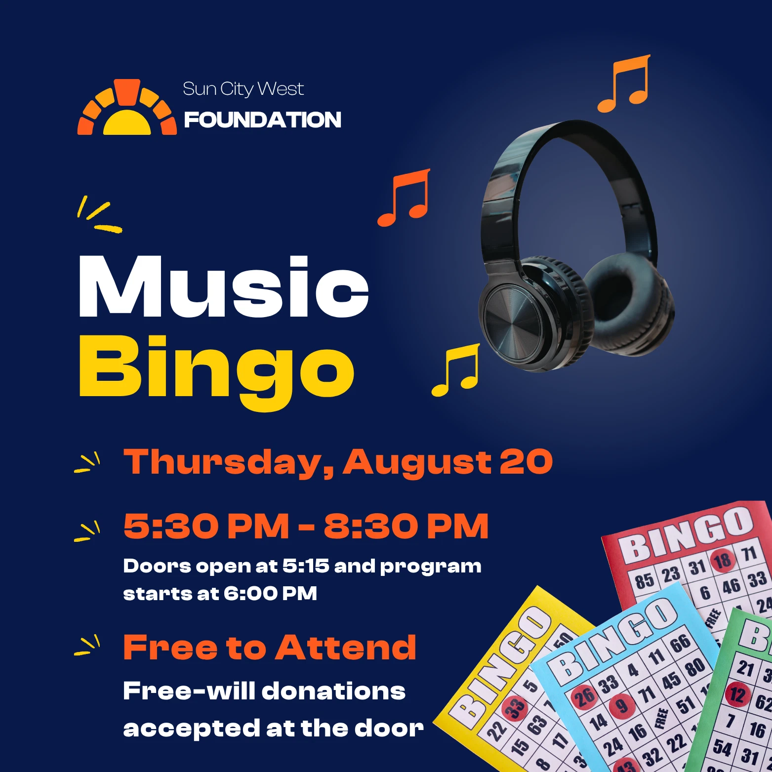 Music Bingo event graphic for the free Sun City West Foundation community night on August 20, 2026.