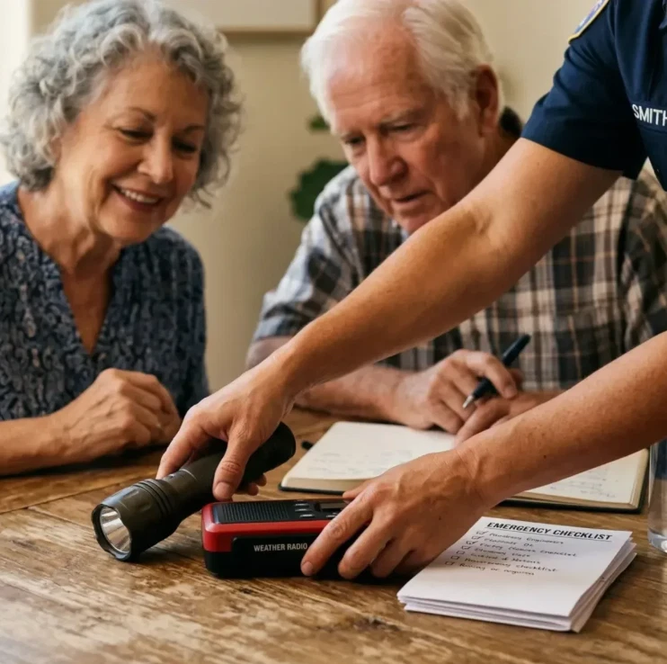 Sun City West residents reviewing an emergency preparedness checklist with a flashlight and weather radio.
