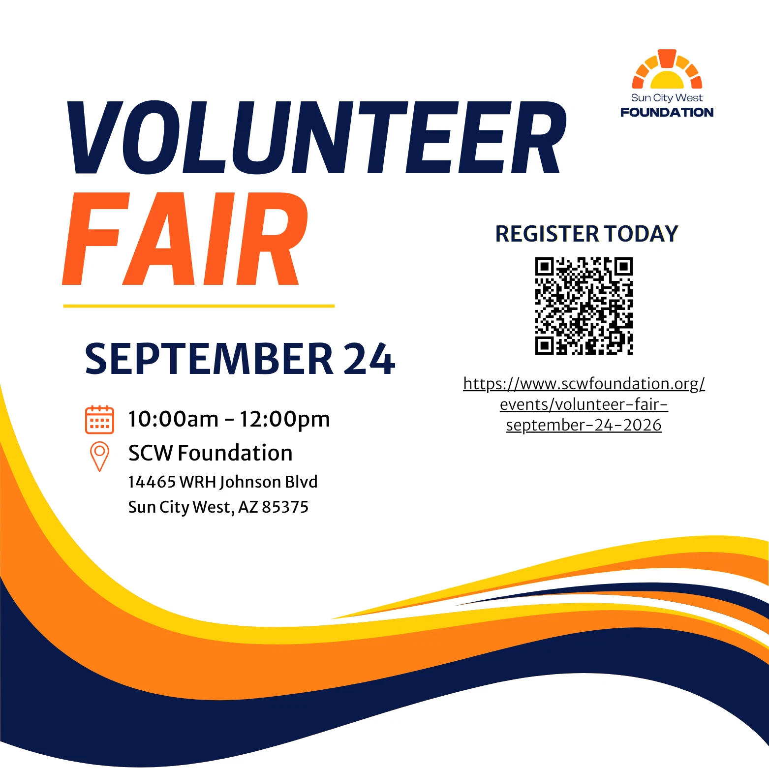A flyer for a volunteer fair on September 24th at SCW Foundation in Sun City West.