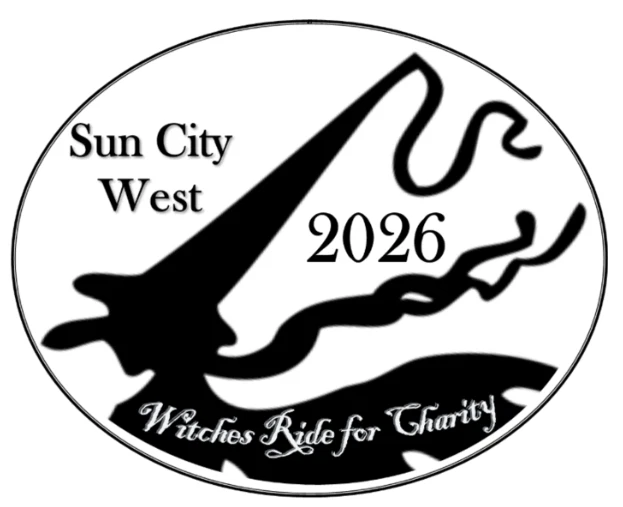 Sun City West Witches Ride for Charity 2026 logo featuring a flying witch silhouette.