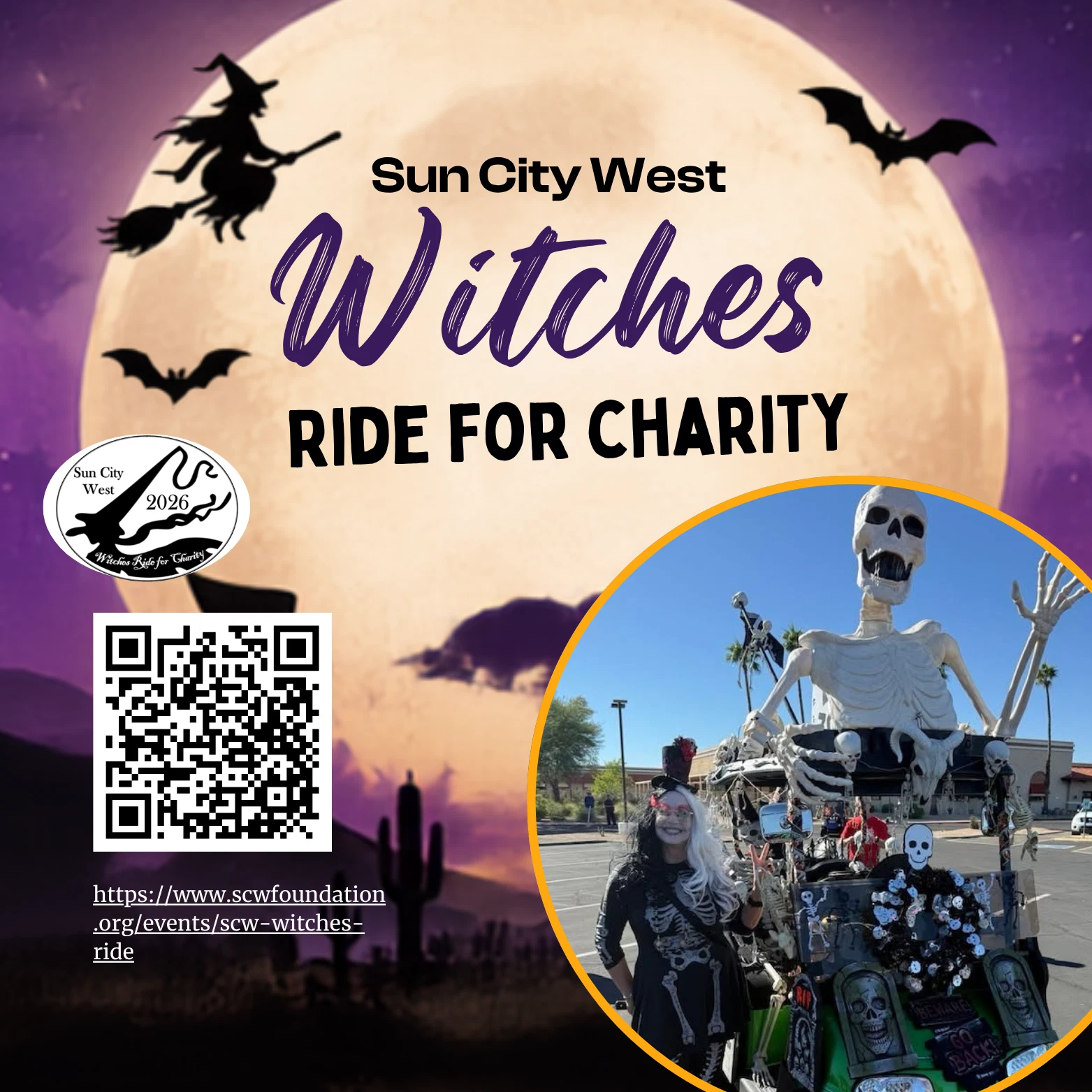 A large, full moon with silhouetted witches and bats looms over a desert landscape.