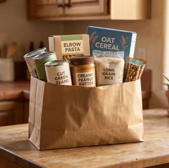 Grocery bag of pantry staples — pasta, oat cereal, peanut butter, rice, and canned vegetables — donated to Valley View Community Food Bank.