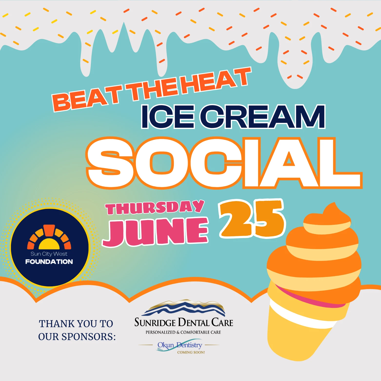 Colorful ice cream graphic for the Beat the Heat Ice Cream Social on June 25.