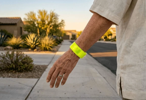 Sun City West resident wearing a yellow reflective wrist band from the Foundation's Safe Walker Program.