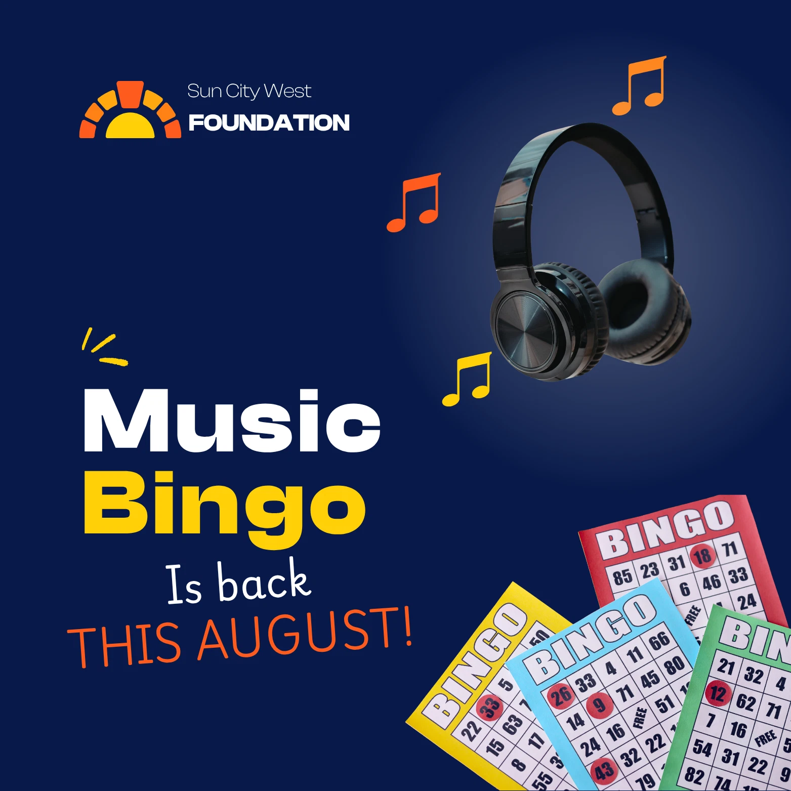 Music Bingo event graphic for the returning Sun City West Foundation community game day.