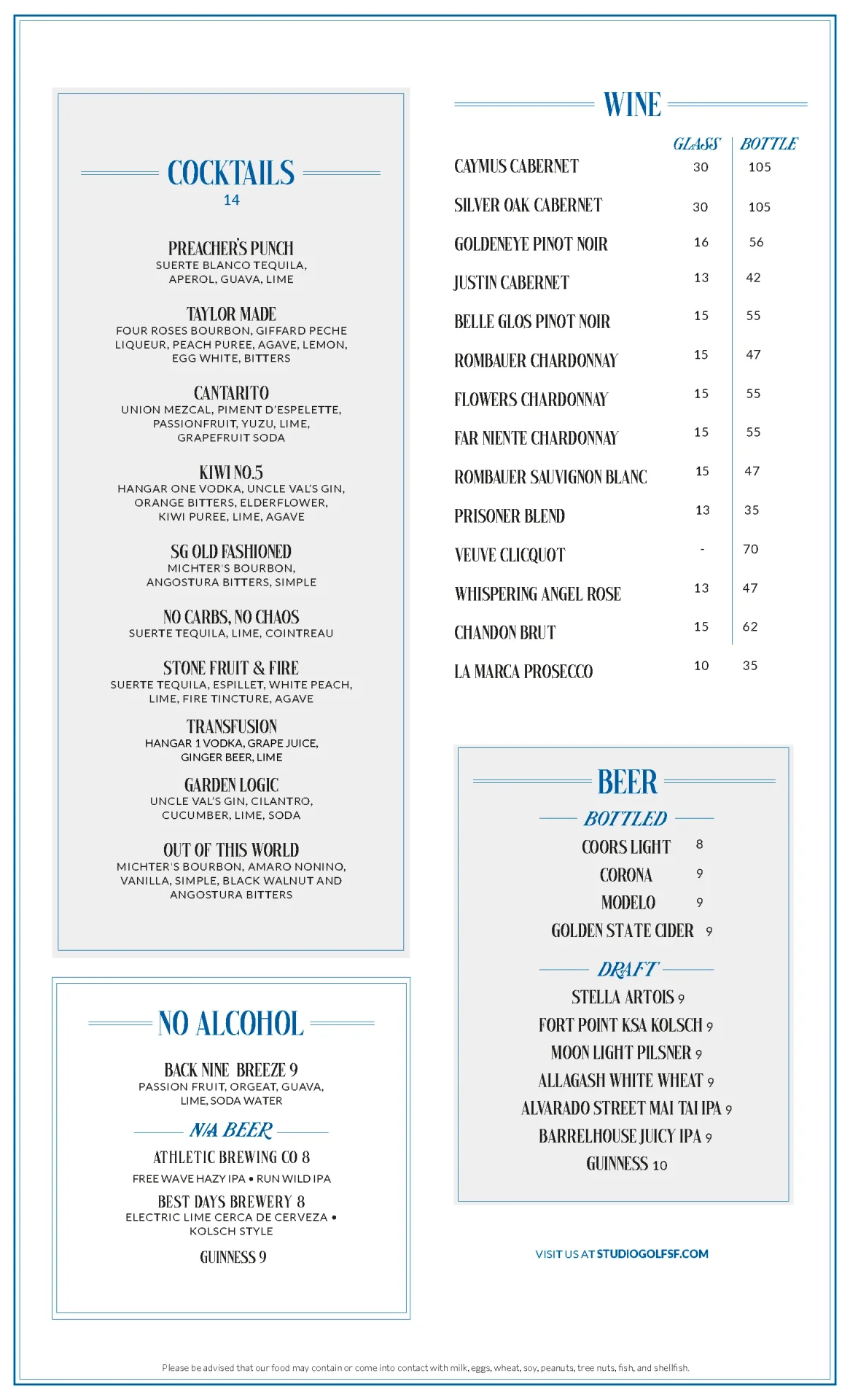 Nineteen Restaurant & Bar drinks menu listing signature $14 cocktails (Preacher's Punch, Taylor Made, Cantarito, SG Old Fashioned, and more), a no-alcohol Back Nine Breeze option, wines by the glass and bottle (Caymus Cabernet, Goldeneye Pinot Noir, Rombauer Chardonnay, Veuve Clicquot), and bottled and draft beer selections.