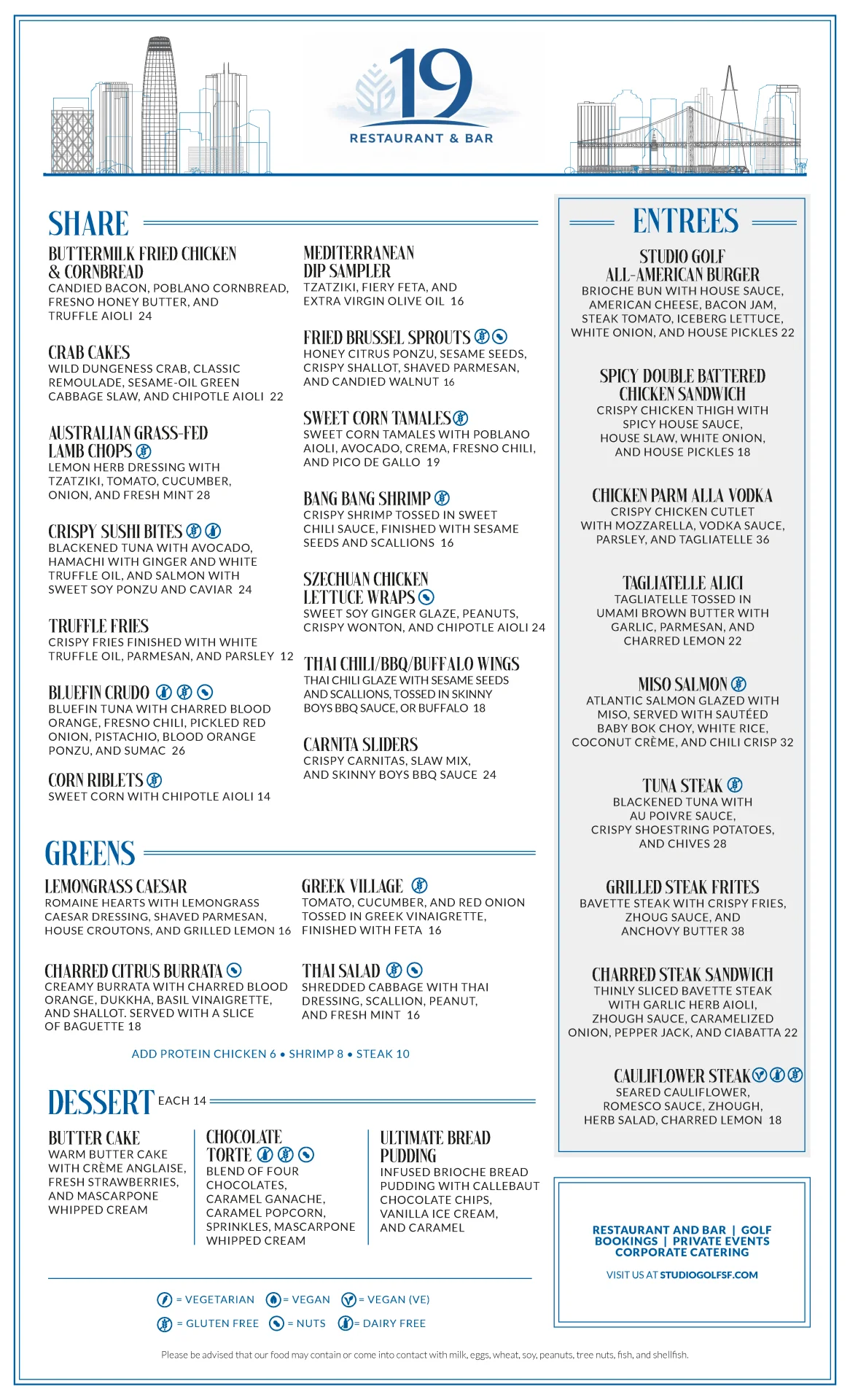Nineteen Restaurant & Bar food menu from Studio Golf, featuring a San Francisco skyline header and sections for Share plates (including Buttermilk Fried Chicken, Crab Cakes, Crispy Sushi Bites, and Bluefin Crudo), Greens salads, Entrees (such as the Studio Golf All-American Burger, Miso Salmon, and Grilled Steak Frites), and Desserts, with dietary symbols and contact details at the bottom.