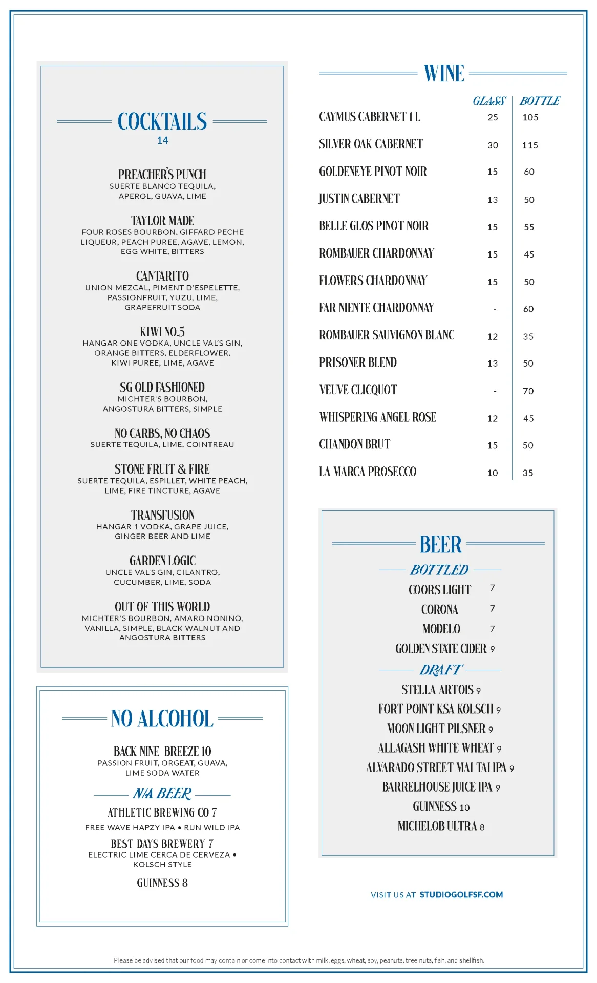 Nineteen Restaurant & Bar drinks menu listing signature $14 cocktails (Preacher's Punch, Taylor Made, Cantarito, SG Old Fashioned, and more), a no-alcohol Back Nine Breeze option, wines by the glass and bottle (Caymus Cabernet, Goldeneye Pinot Noir, Rombauer Chardonnay, Veuve Clicquot), and bottled and draft beer selections.