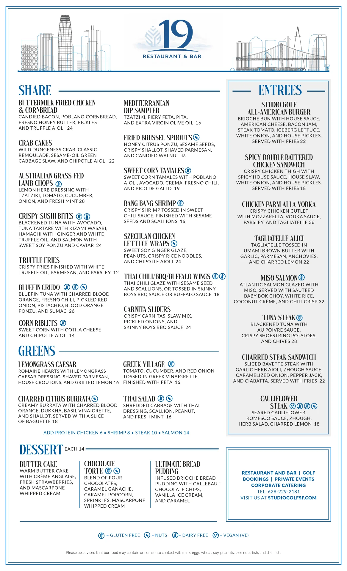 Nineteen Restaurant & Bar food menu from Studio Golf, featuring a San Francisco skyline header and sections for Share plates (including Buttermilk Fried Chicken, Crab Cakes, Crispy Sushi Bites, and Bluefin Crudo), Greens salads, Entrees (such as the Studio Golf All-American Burger, Miso Salmon, and Grilled Steak Frites), and Desserts, with dietary symbols and contact details at the bottom.