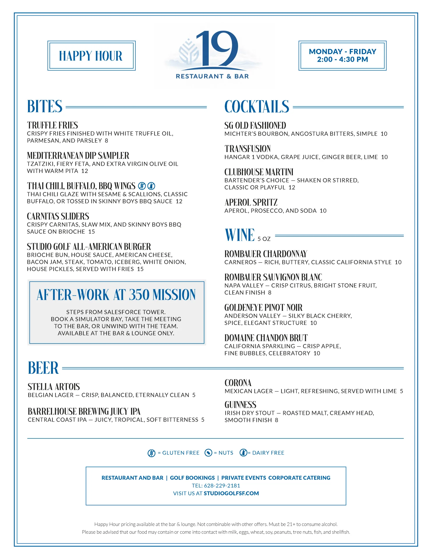 Nineteen Restaurant & Bar happy hour menu