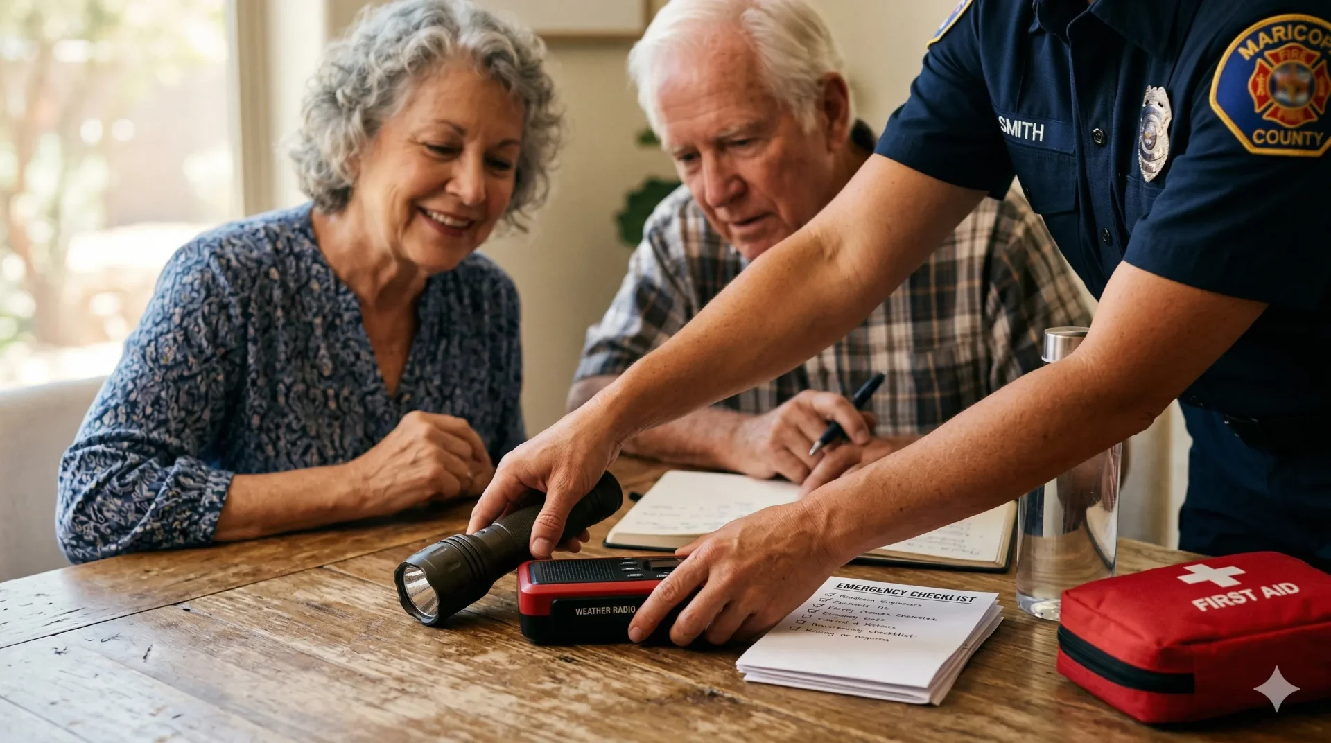 Close-up photo of a first responder's hands demonstrating how to pack an emergency go-bag for two attentive older adults. On a rustic wooden table, the responder places a flashlight and a red weather radio next to a printed emergency checklist and a red first aid kit. In the soft-focus background, the seniors lean in with engaged expressions under warm, natural light.
