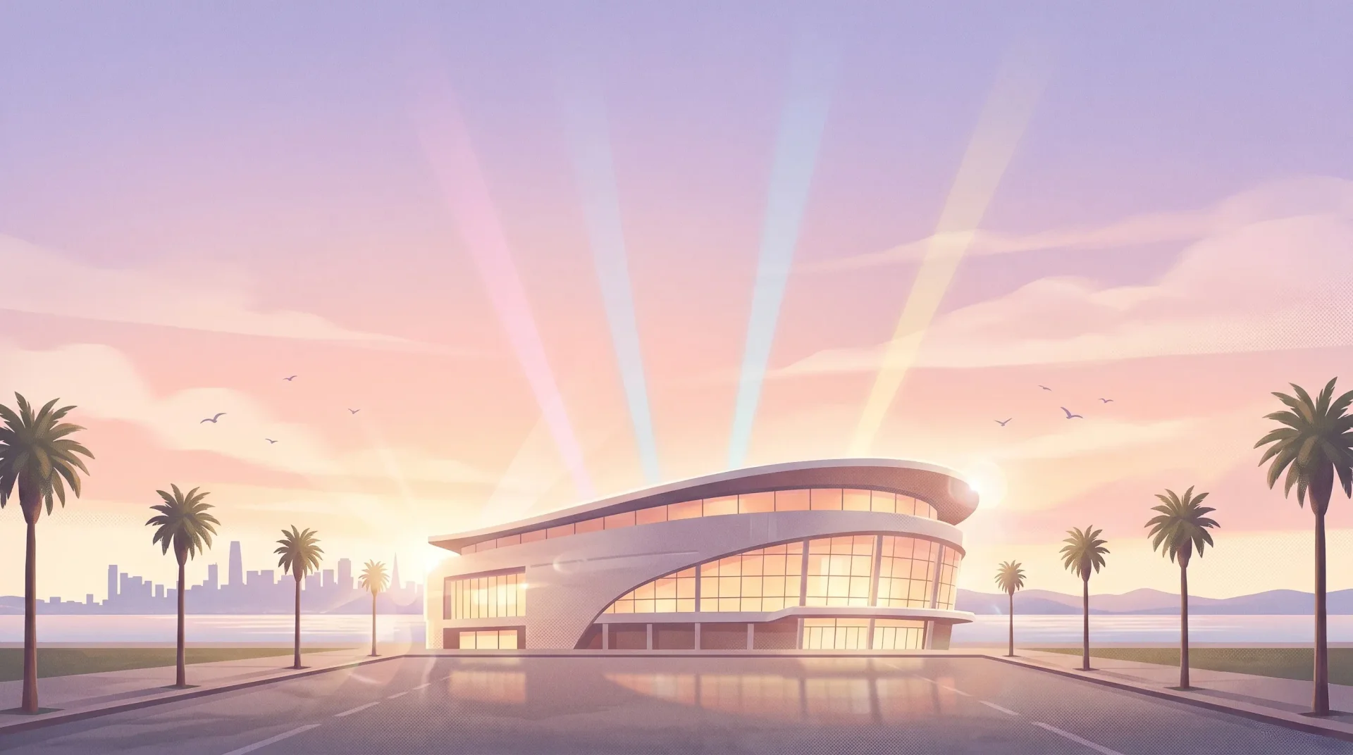 Pastel illustration of a modern concert arena at golden hour with stage spotlights rising into a pink and lavender sky, framed by palm trees and a distant Bay Area skyline.