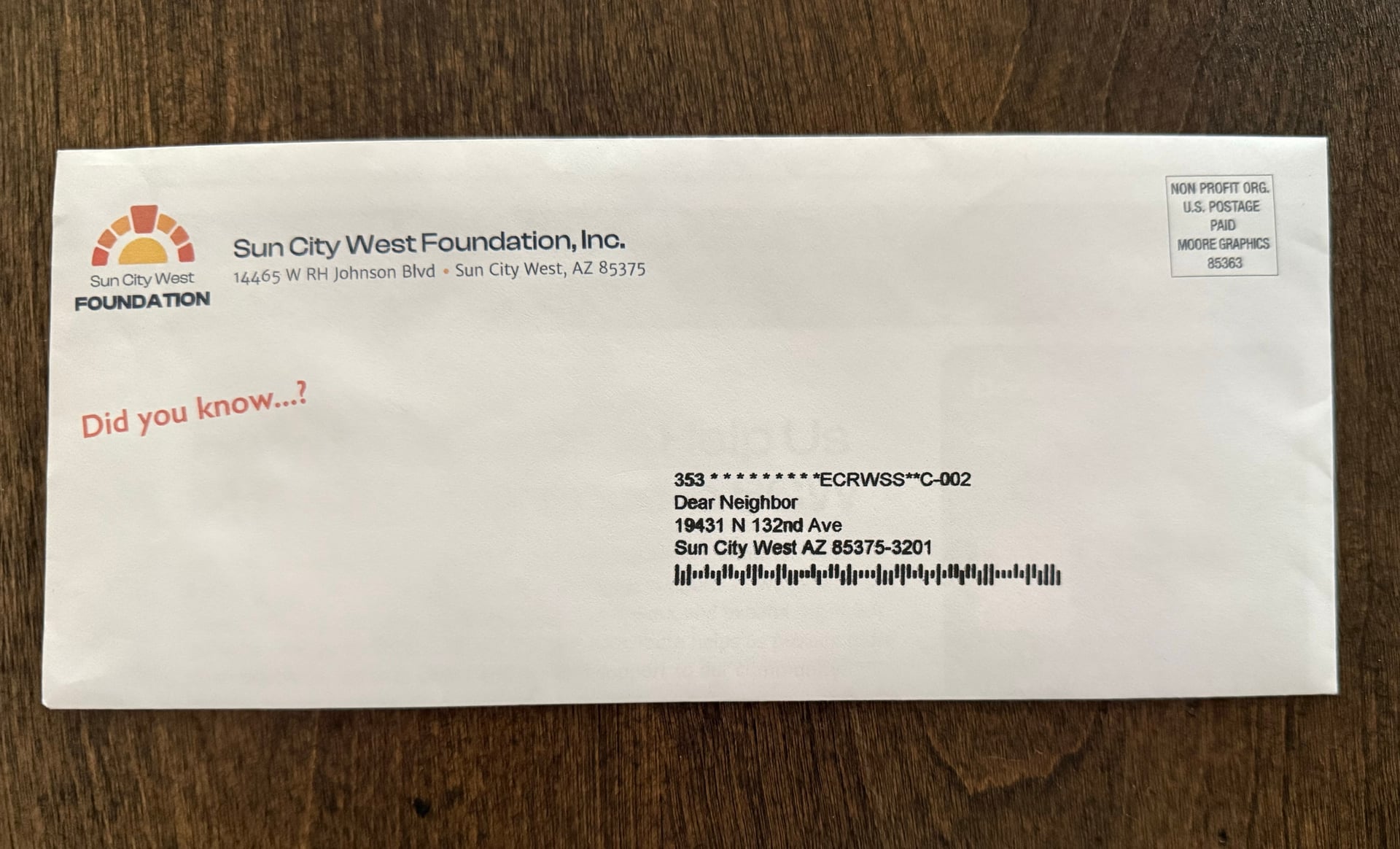 Annual Fund Drive envelope arriving in mail for Sun City West Foundation.