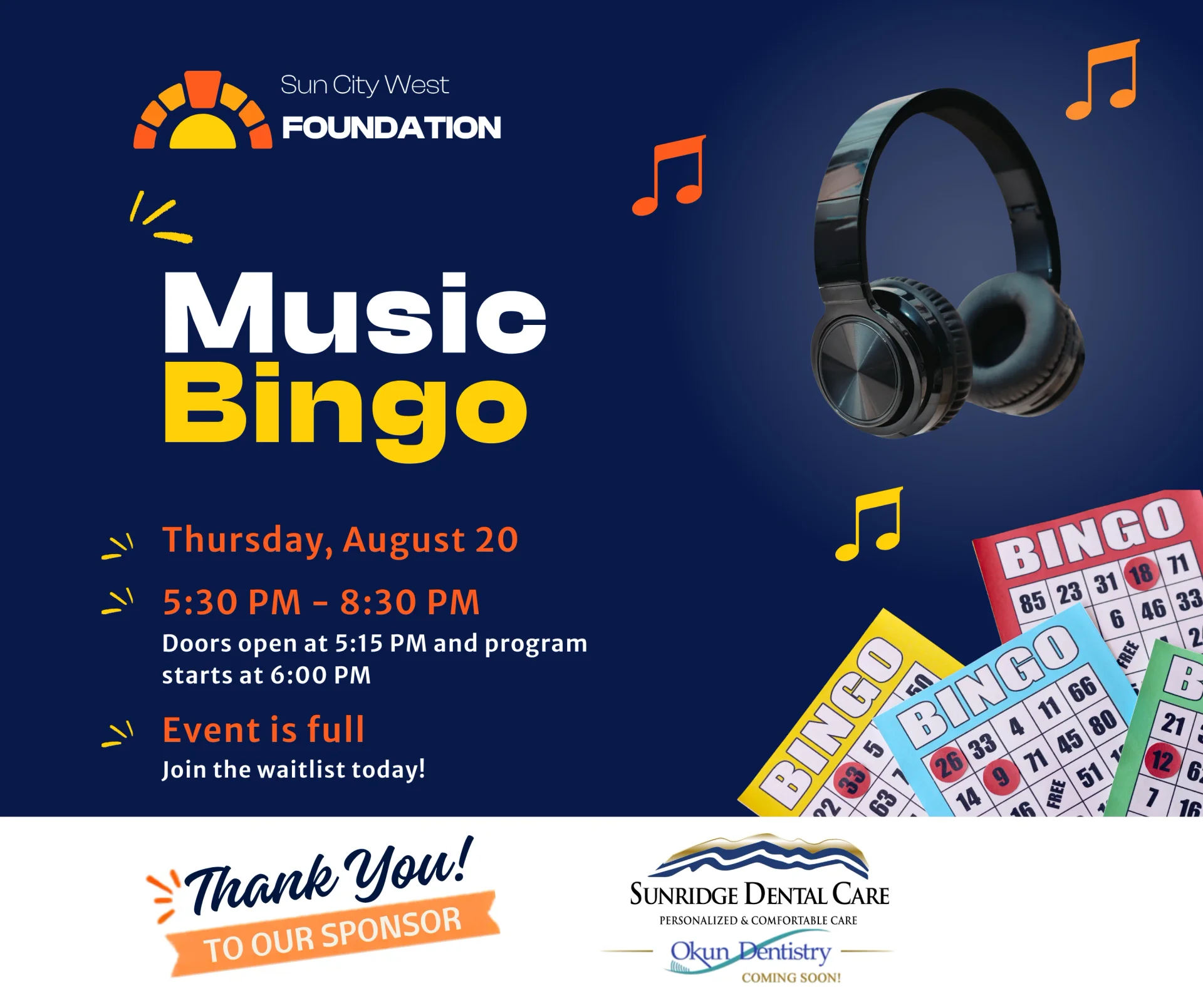 Headphones and musical notes float above colorful bingo cards on a dark blue background advertising "Music Bingo" by the Sun City West Foundation.