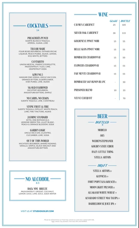 Nineteen Restaurant & Bar drinks menu listing signature $14 cocktails (Preacher's Punch, Taylor Made, Cantarito, SG Old Fashioned, and more), a no-alcohol Back Nine Breeze option, wines by the glass and bottle (Caymus Cabernet, Goldeneye Pinot Noir, Rombauer Chardonnay, Veuve Clicquot), and bottled and draft beer selections.