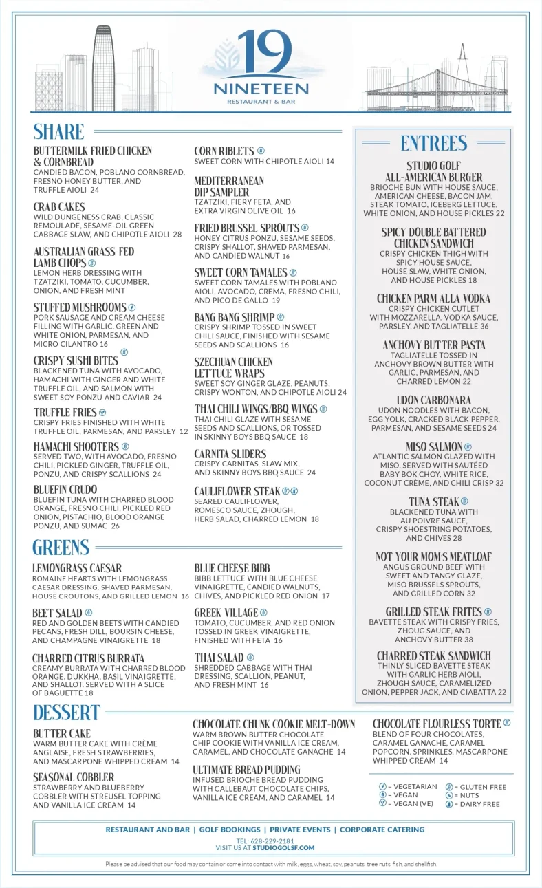 Nineteen Restaurant & Bar food menu from Studio Golf, featuring a San Francisco skyline header and sections for Share plates (including Buttermilk Fried Chicken, Crab Cakes, Crispy Sushi Bites, and Bluefin Crudo), Greens salads, Entrees (such as the Studio Golf All-American Burger, Miso Salmon, and Grilled Steak Frites), and Desserts, with dietary symbols and contact details at the bottom.