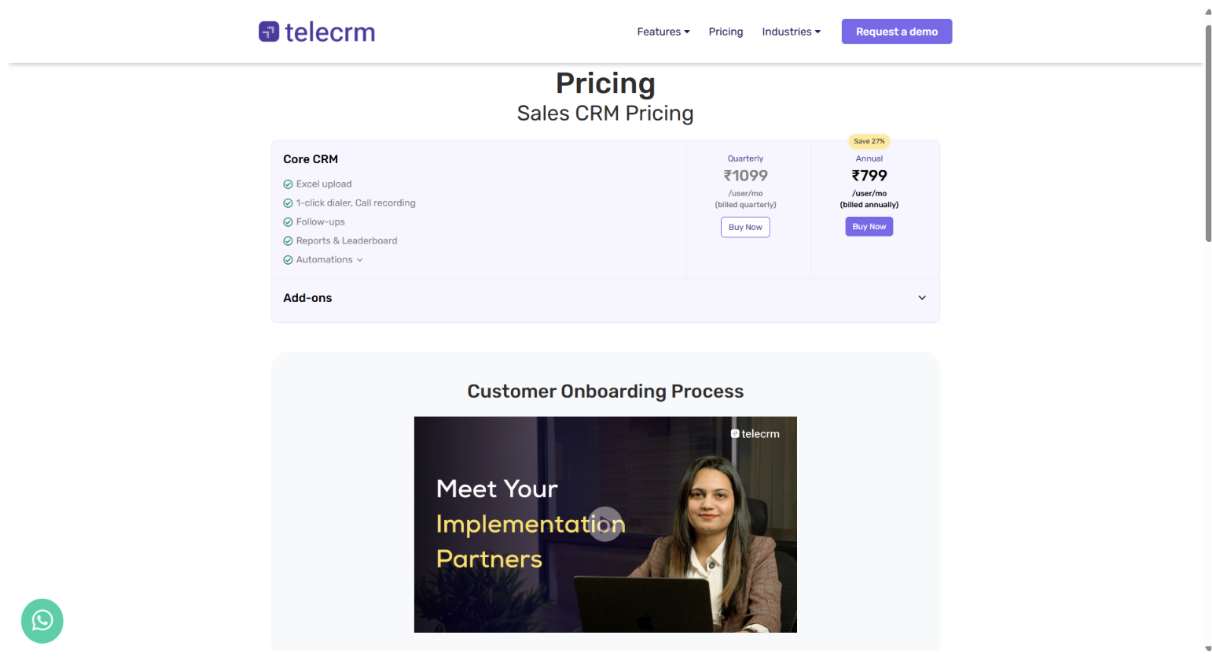 A screenshot of the TeleCRM pricing page, showing quarterly and annual plans for its Sales CRM, features, and a customer onboarding process section.