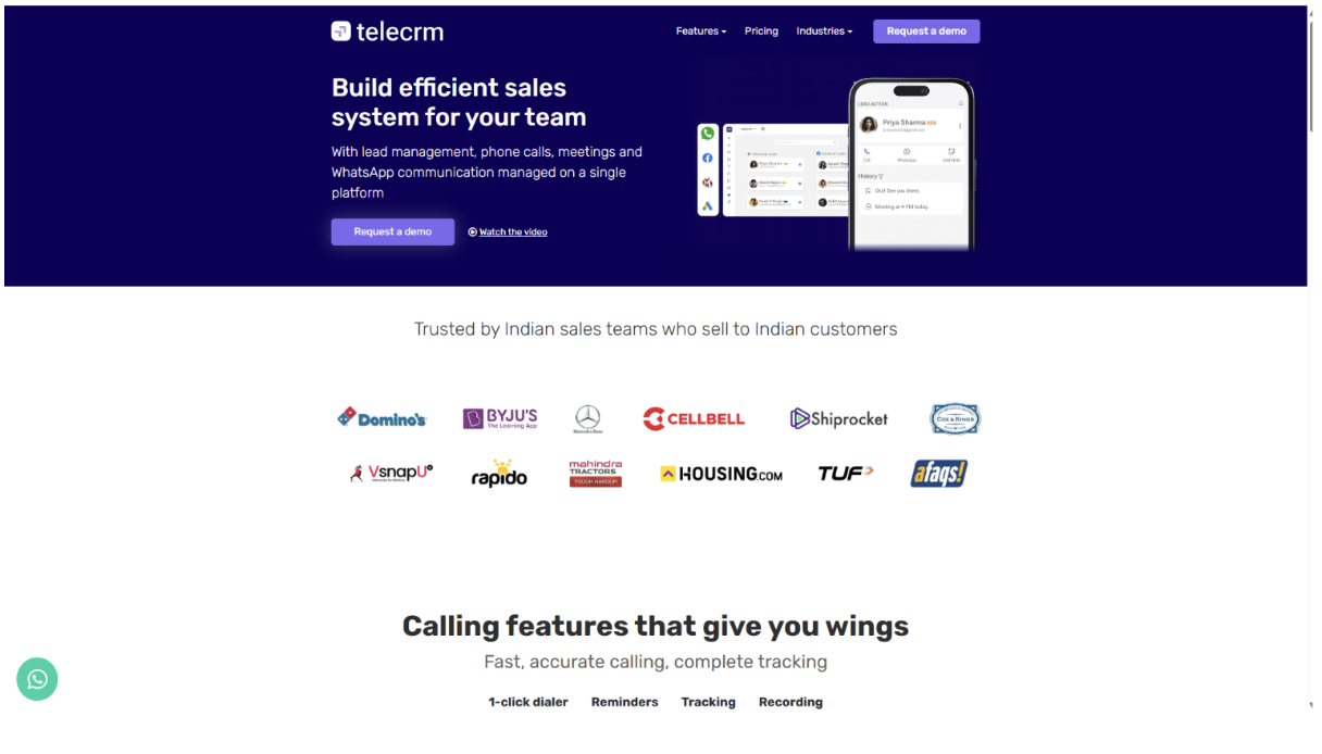 A screenshot of the telecrm website homepage promoting its sales system with app UI images and logos of clients like Domino's, BYJU'S, and Rapido.