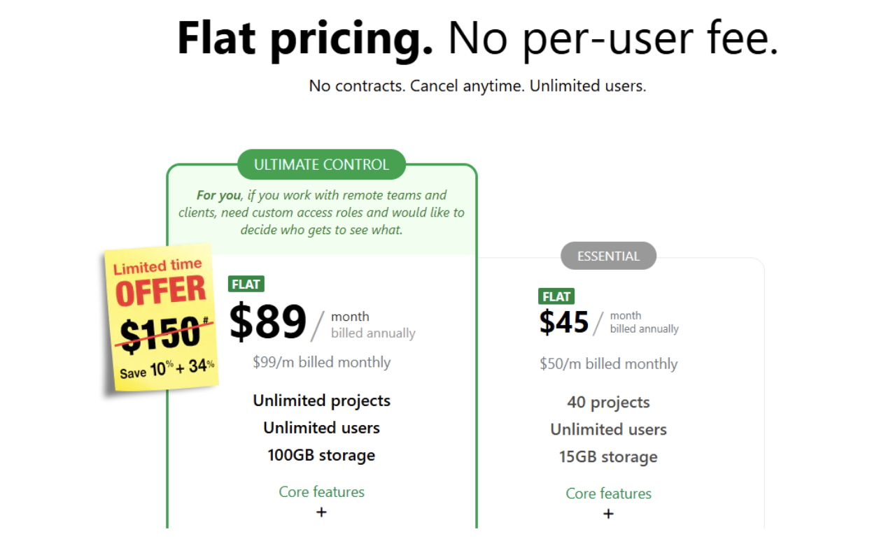 Preise für Tarife mit zwei Tarifen. „Ultimate Control“ gibt’s im Rahmen eines zeitlich begrenzten Angebots für 89 $/Monat, und der „Essential“-Tarif kostet 45 $/Monat. Bei beiden Tarifen gibt’s eine unbegrenzte Anzahl an Nutzern.