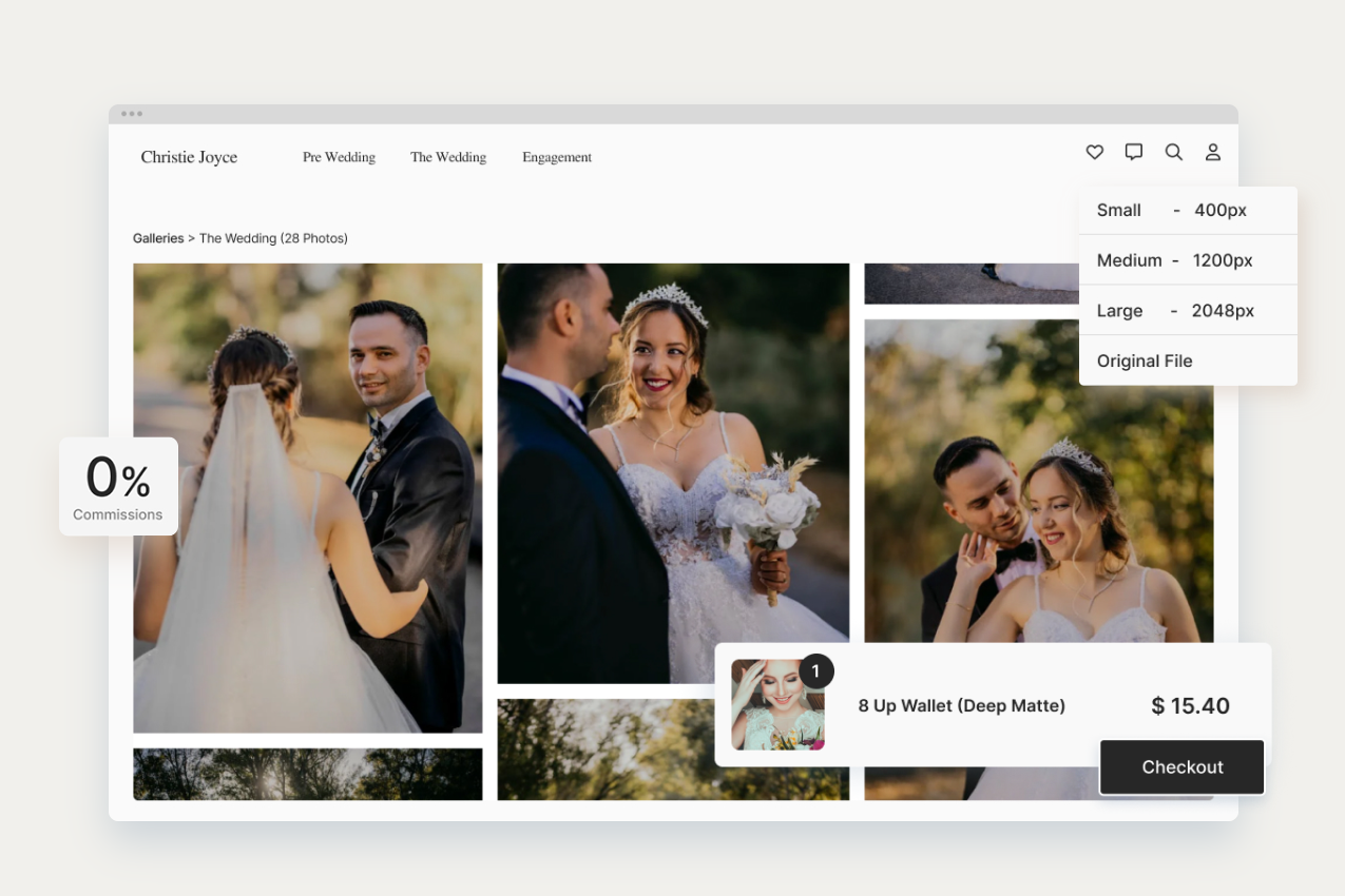 A screenshot of a wedding photography website's gallery page, showing options to download photos in various sizes or purchase prints via a checkout cart.