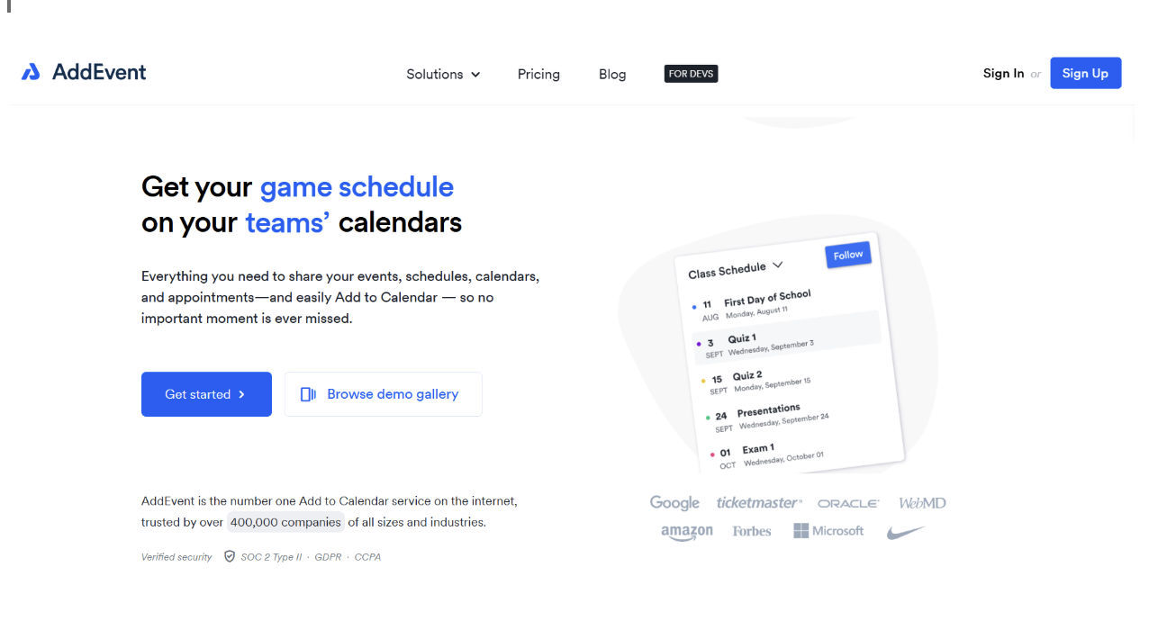 The AddEvent website homepage. The headline reads 