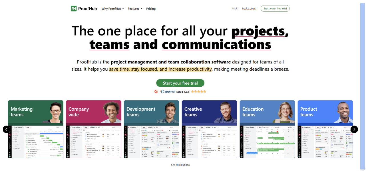 Ein Screenshot der ProofHub-Startseite mit der Überschrift „Der zentrale Ort für all deine Projekte, Teams und die Kommunikation“ sowie Beispielen für verschiedene Teams.