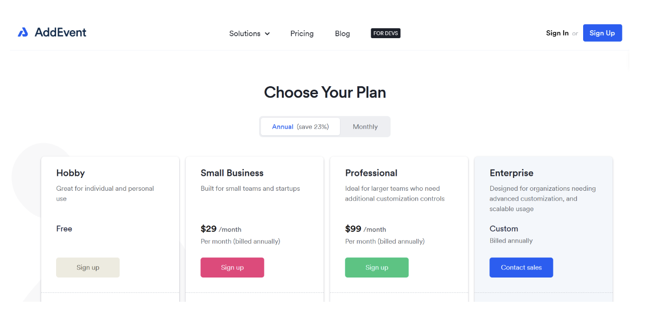 The AddEvent pricing page, showing four subscription plans: Hobby (Free), Small Business ($29/mo), Professional ($99/mo), and a custom Enterprise plan.