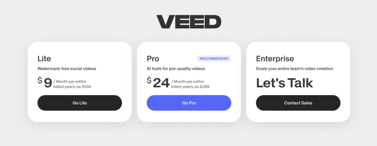 Pricing overview of the video review platform Veed.io (veed.io)