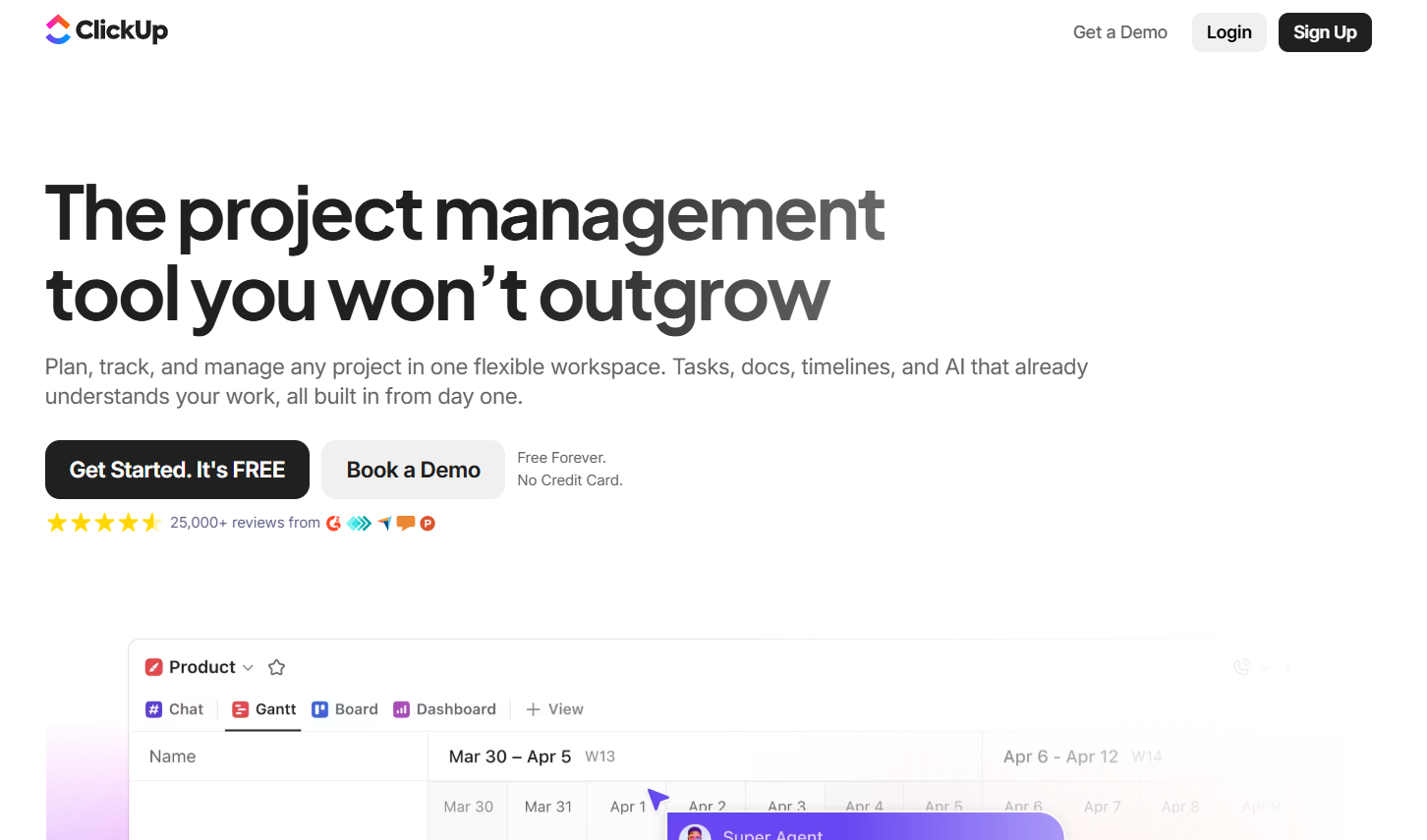 The ClickUp website homepage, with the headline
