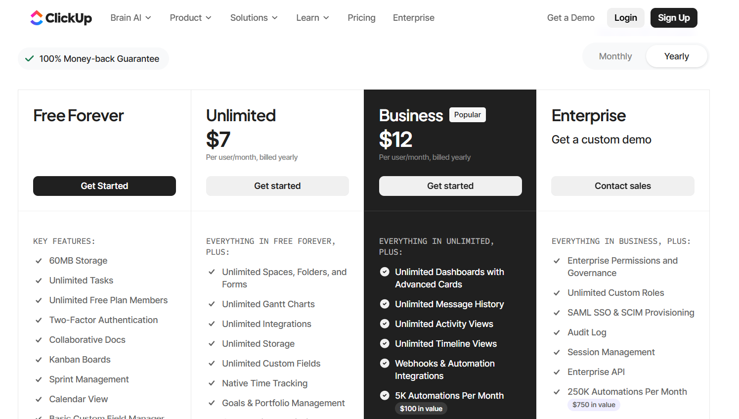 ClickUp's pricing page with four plans: Free, Unlimited ($7), Business ($12, Popular), and Enterprise, each with a list of its key features.