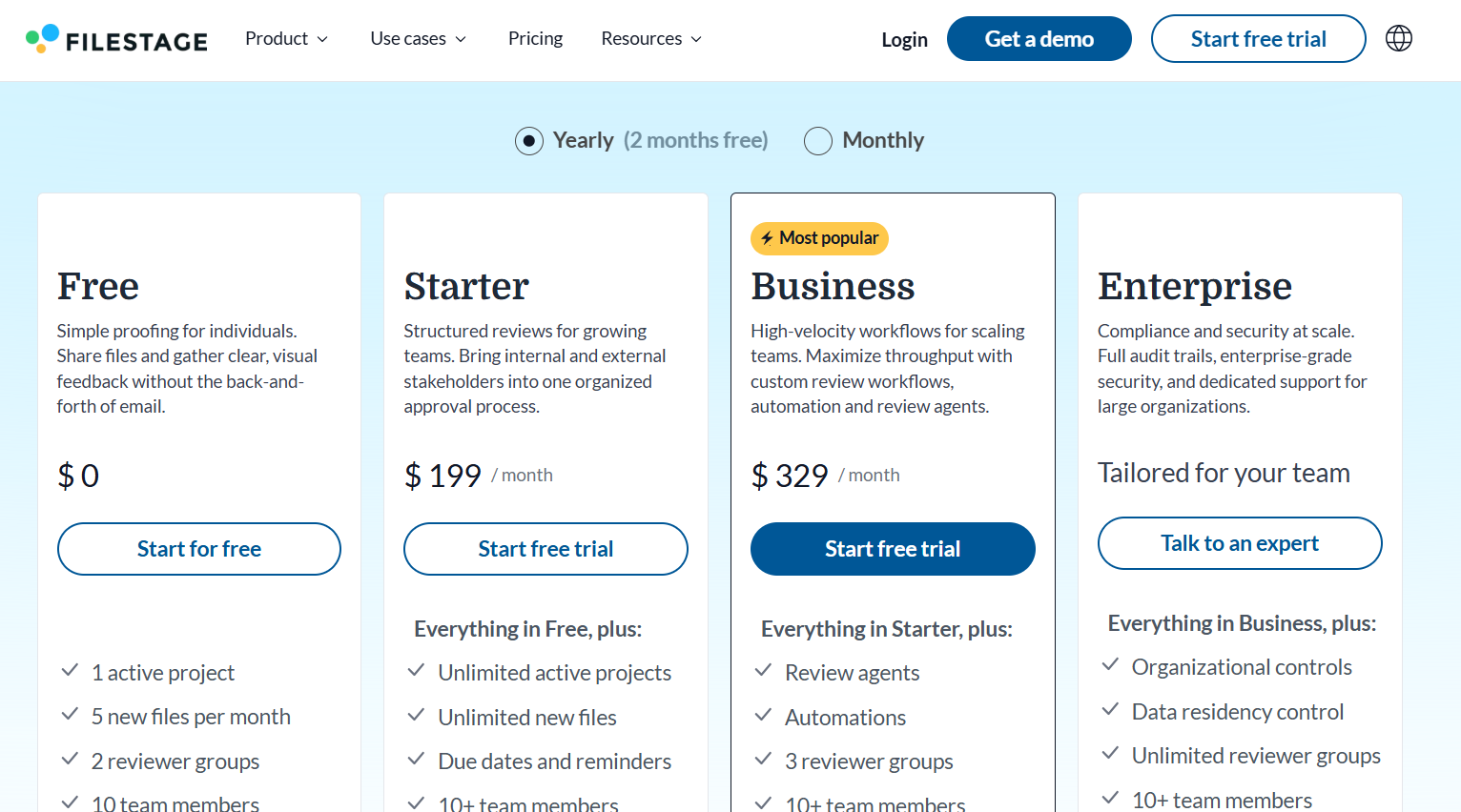 The Filestage pricing page, showing four plans: Free, Starter, Business (most popular), and Enterprise, with prices and features listed for each.