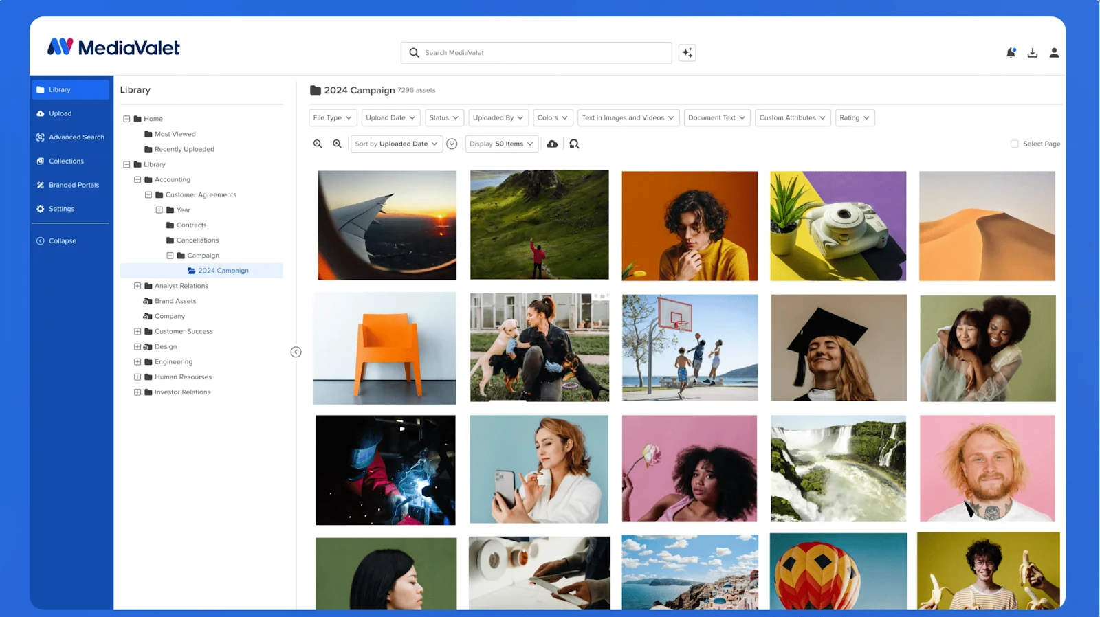 A digital asset management interface displaying a grid of diverse thumbnail images, with a sidebar menu on the left and a search bar on top.
