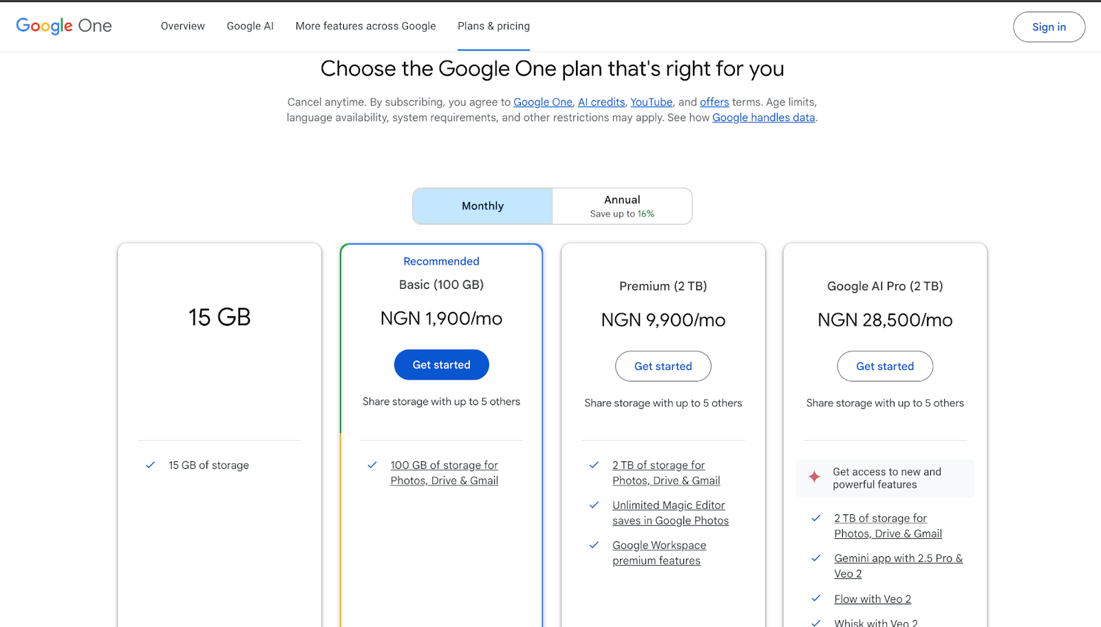 Google Photos pricing