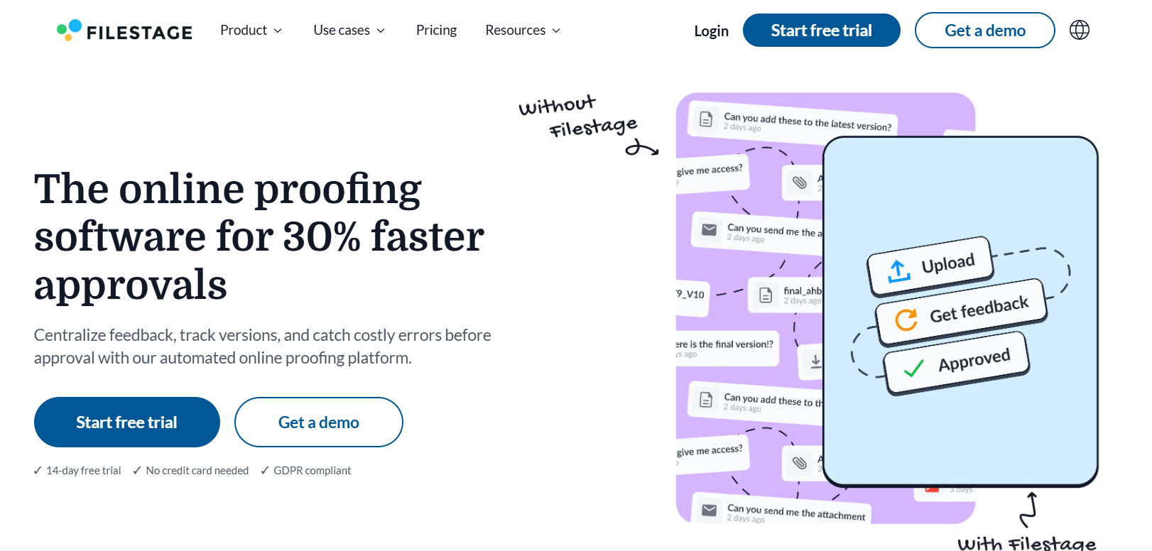 The Filestage homepage header with the text 'The online proofing software for 30% faster approvals' and a graphic comparing messy and simple workflows.