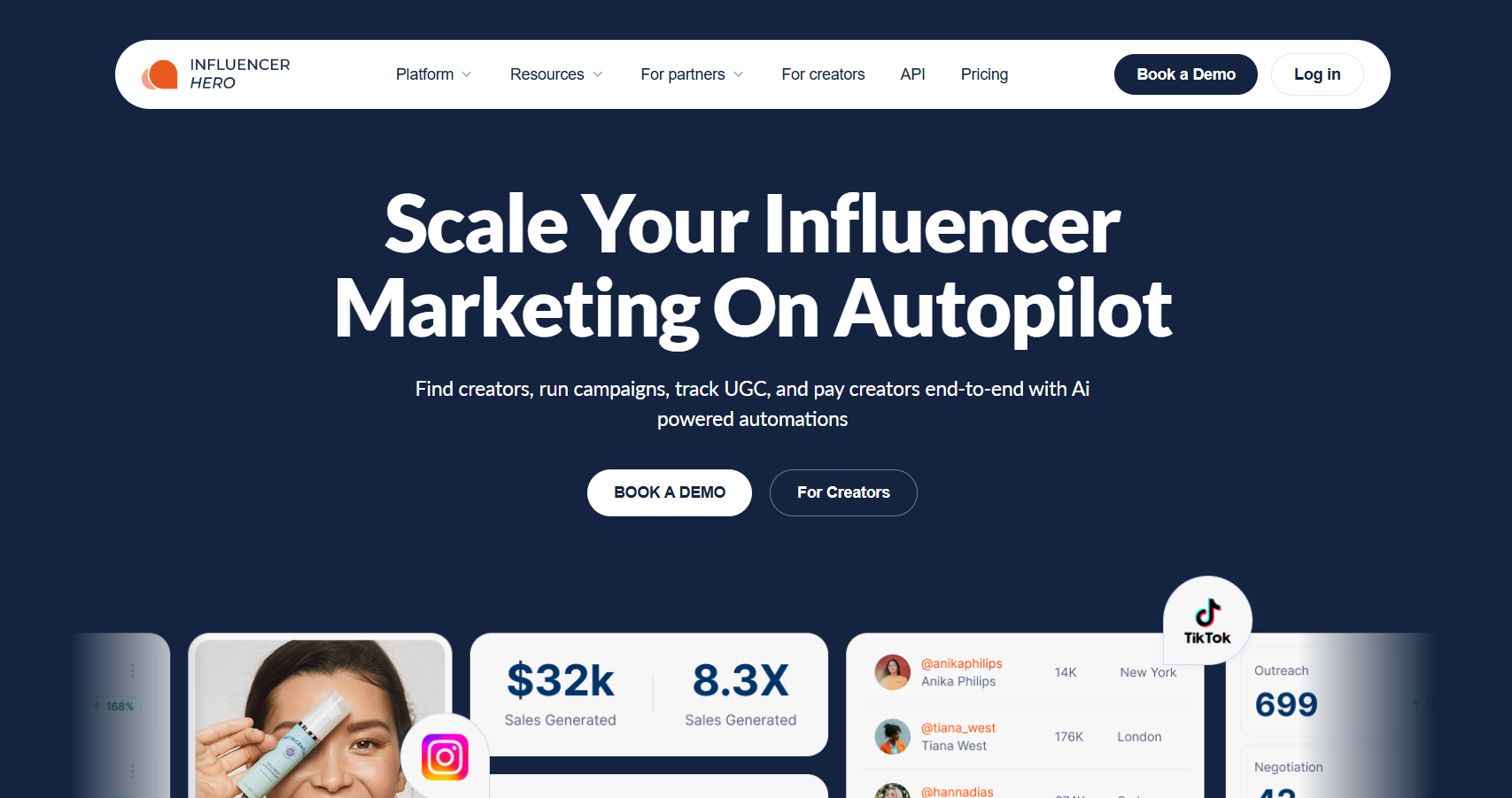 The Influencer Hero homepage with the headline 