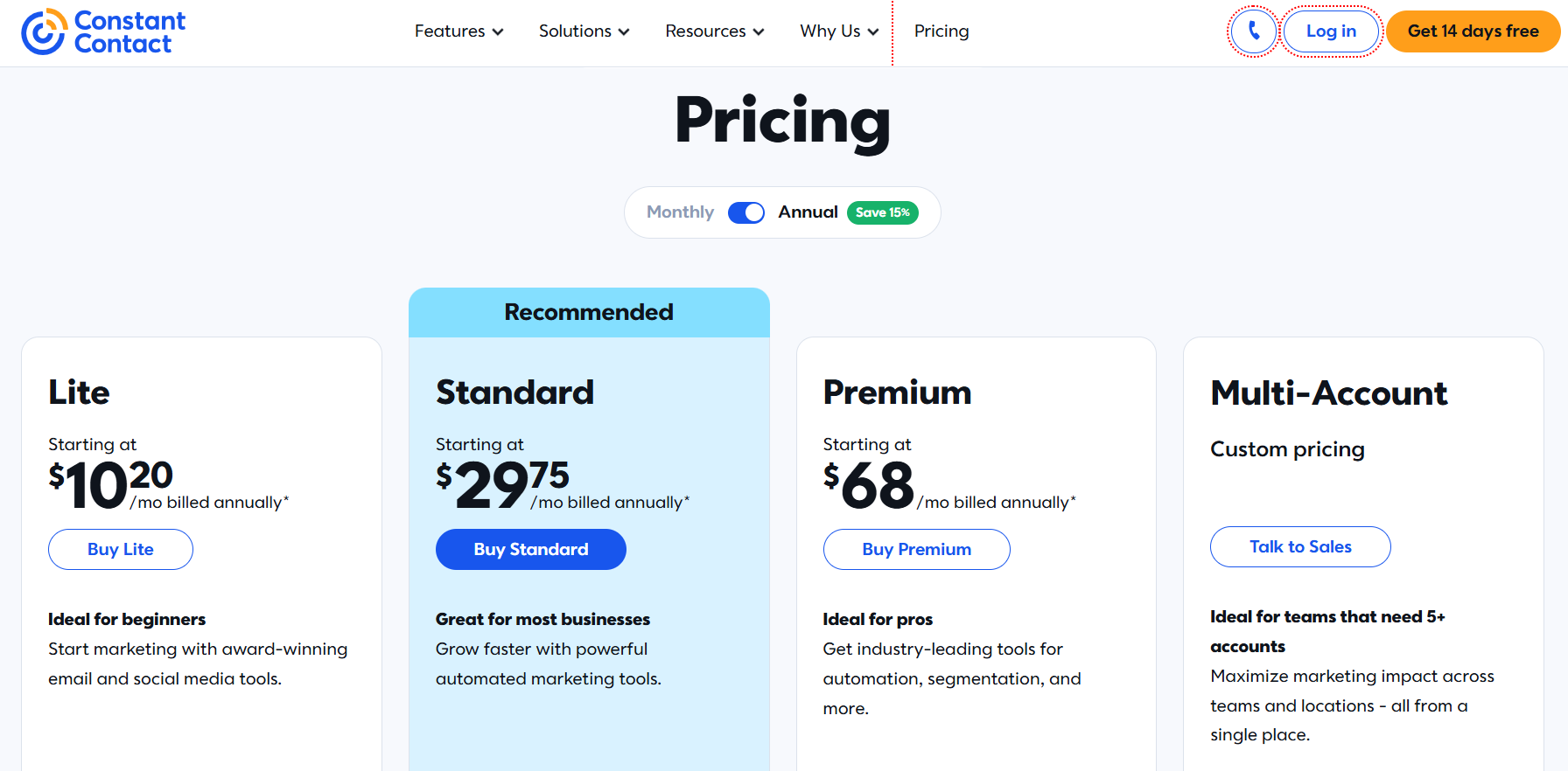 The Constant Contact pricing page shows four plans: Lite, Standard, Premium, and Multi-Account, with the Standard plan highlighted as