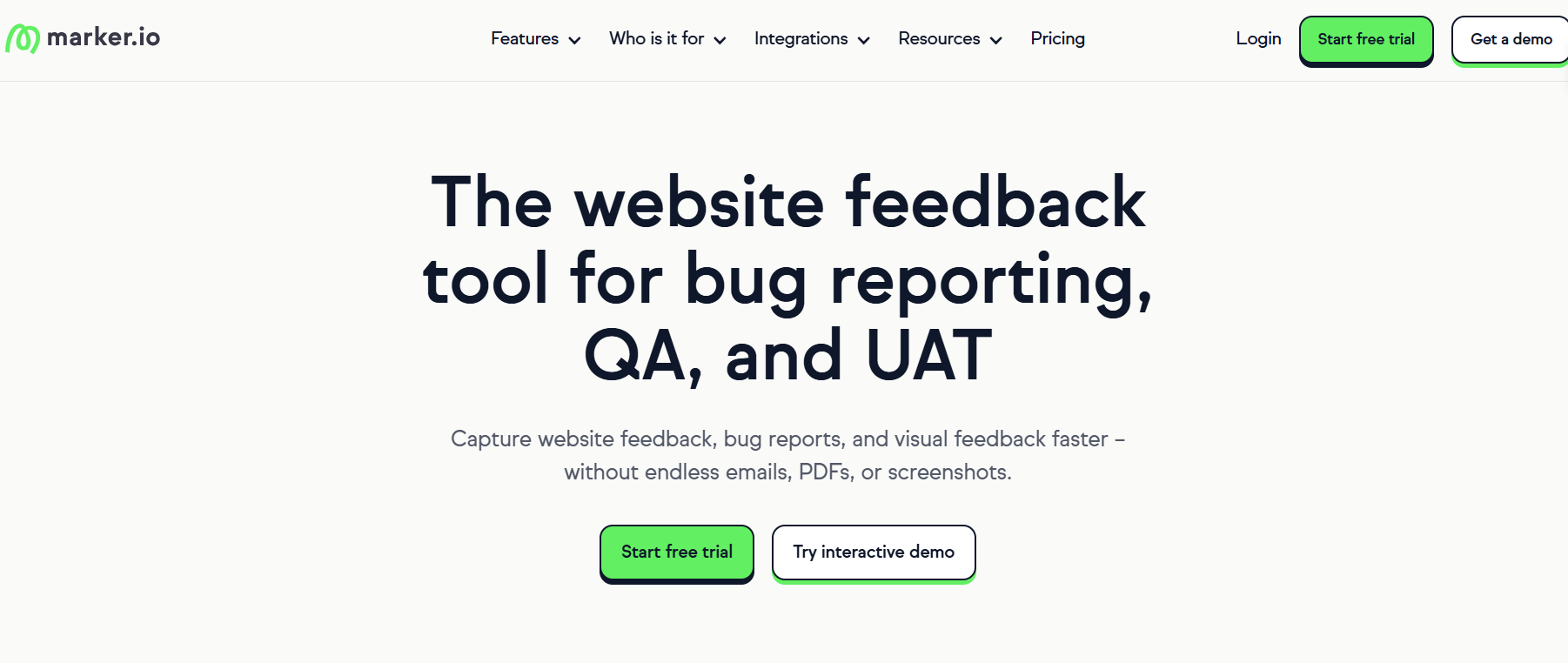 A screenshot of the Marker.io homepage with the headline: 
