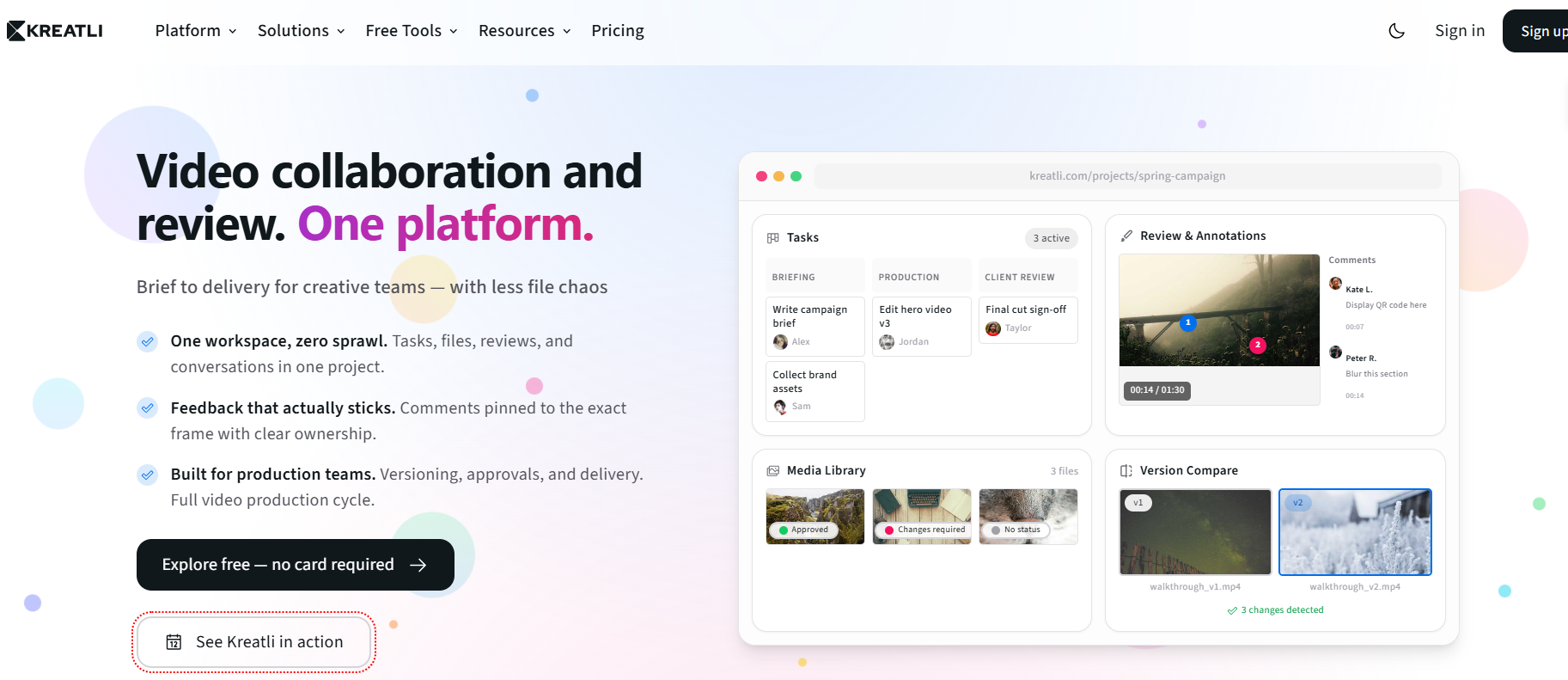 A screenshot of the Kreatli website, showcasing its video collaboration platform with features for tasks, reviews, annotations, and version comparison.