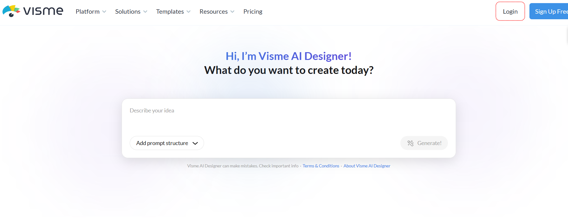 The Visme AI Designer webpage with a prompt to create designs. In the top right, the Login button is highlighted with a red dotted box.