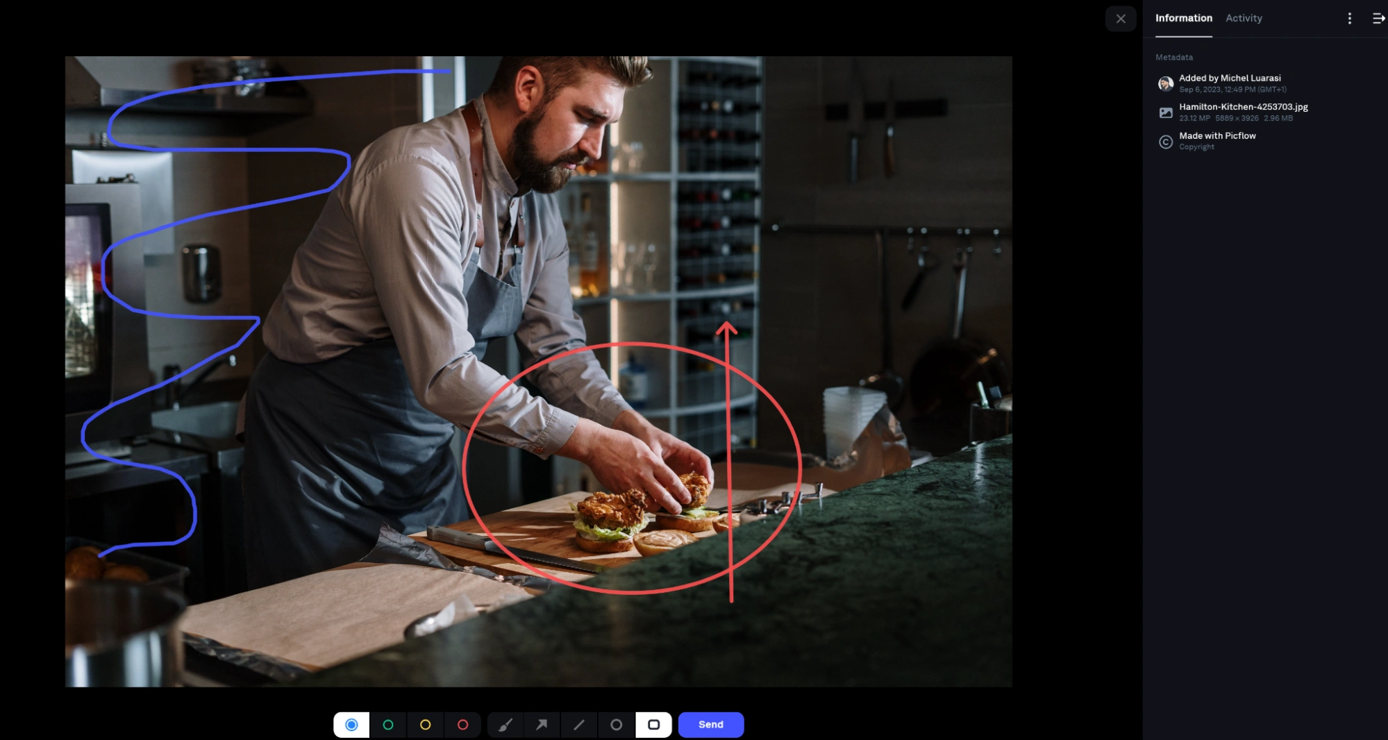Photo of a chef with multiple annotations providing feedback for edits