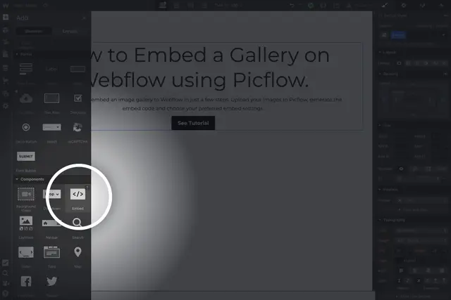 Embed block option in the Webflow UI
