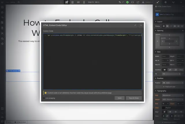 Paste embed code dialog for Webflow