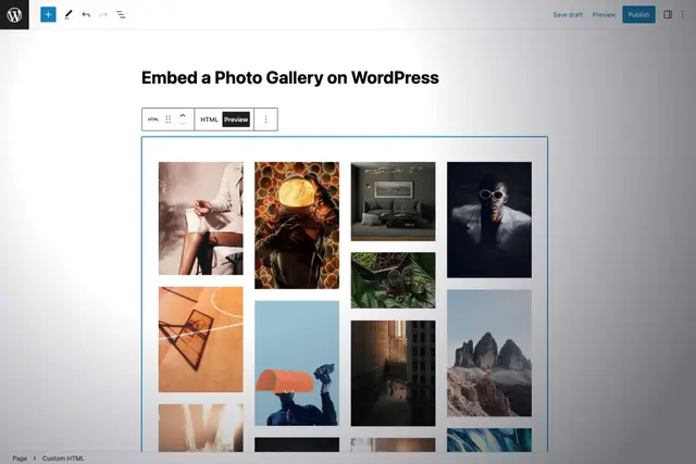 Wordpress screenshot with an embedded Picflow gallery