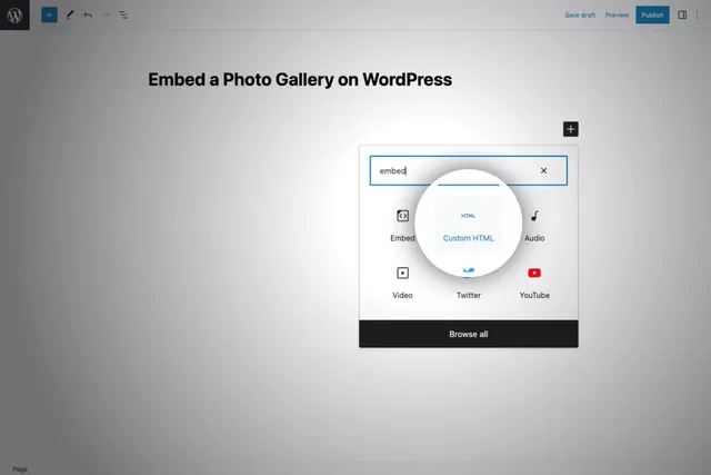 Wordpress toolbar to select a custom HTML block