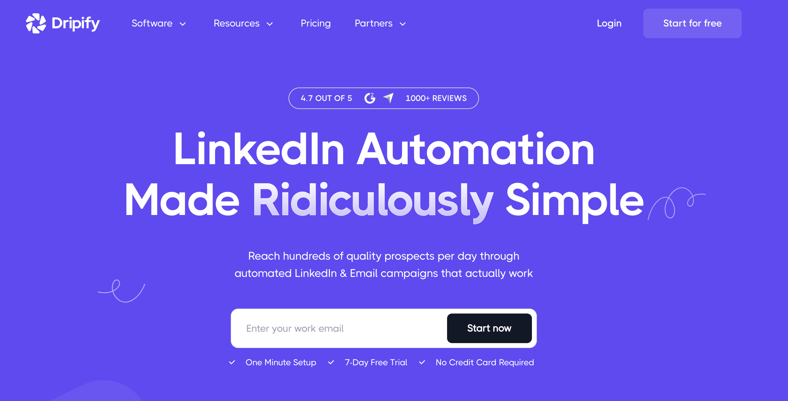 The Dripify homepage, with a purple background and the headline 'LinkedIn Automation Made Ridiculously Simple', showing a signup form for a free trial.