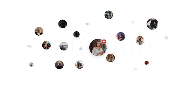 User centric visual with a woman surrounded by collaborators and review options