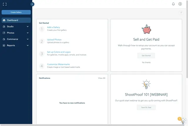 ShootProof User Interface of the User Dashboard Screen