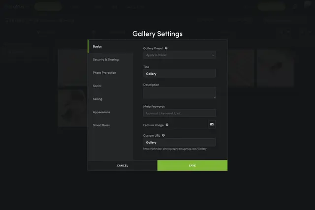 SmugMug User Interface of the Gallery Settings Screen