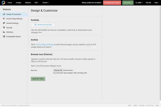 PhotoShelter User Interface of the Settings Screen